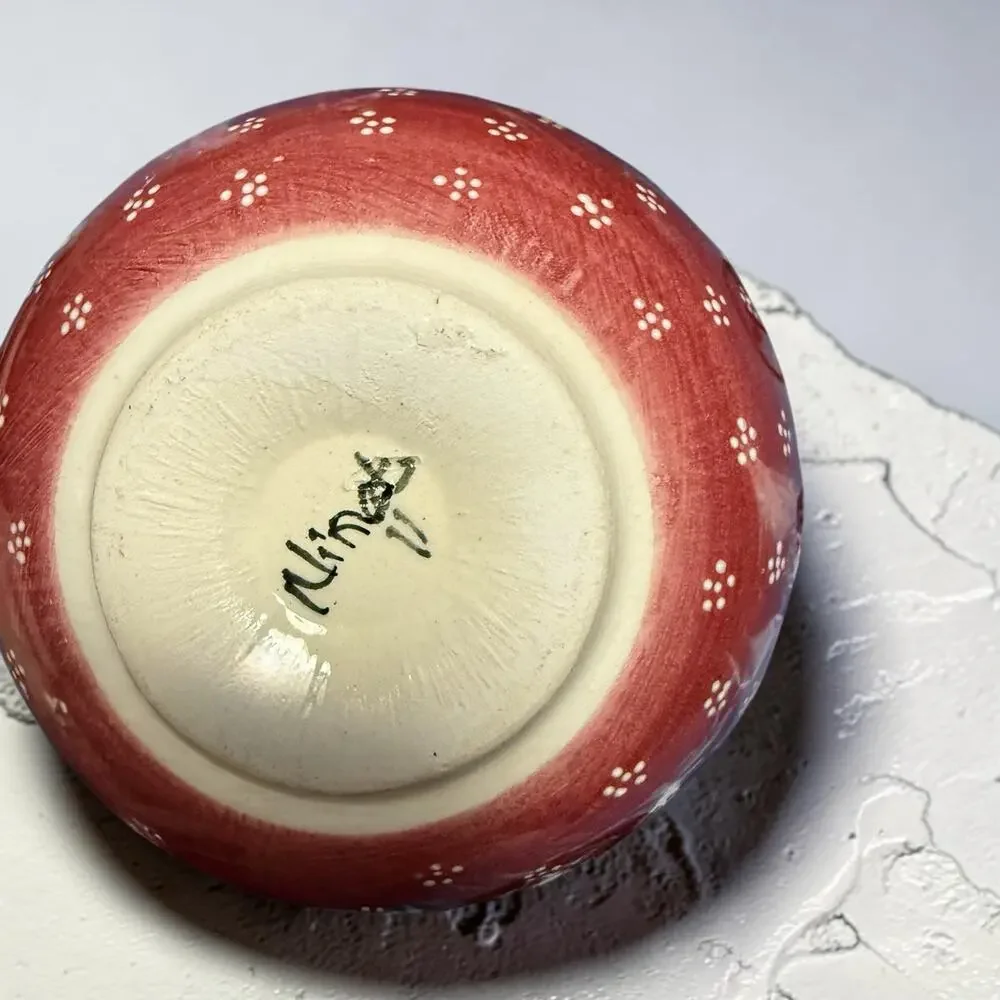 Nimet Handmade Hand Painted Turkish Bowl Set of 4 Red Floral Pottery